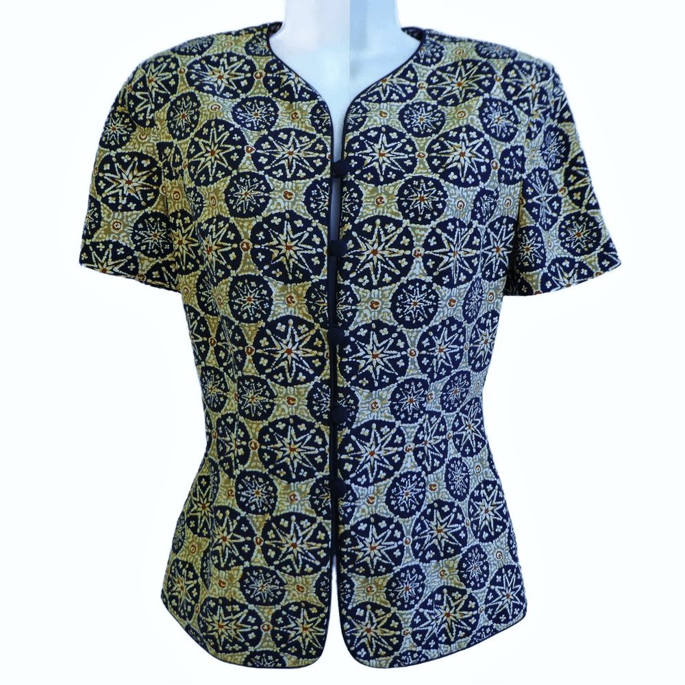 SiLK Patrick Collection Blouse Jacket Blazer Short Sleeve Lined Floral Stars 4